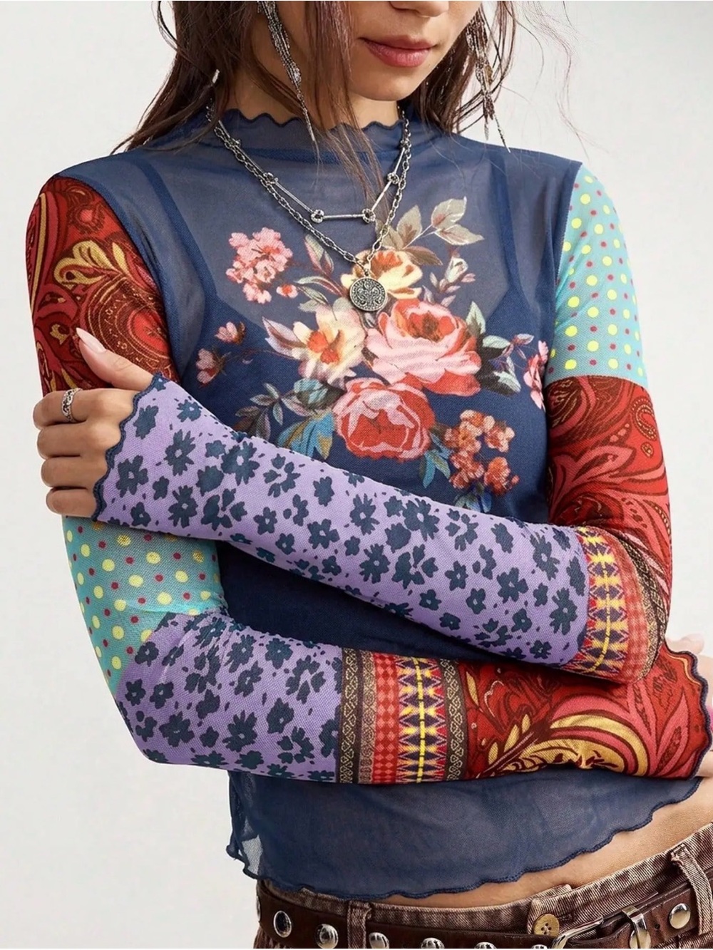 Sheer Blue Floral Mixed-Print Long Sleeve Mesh Layering Top
